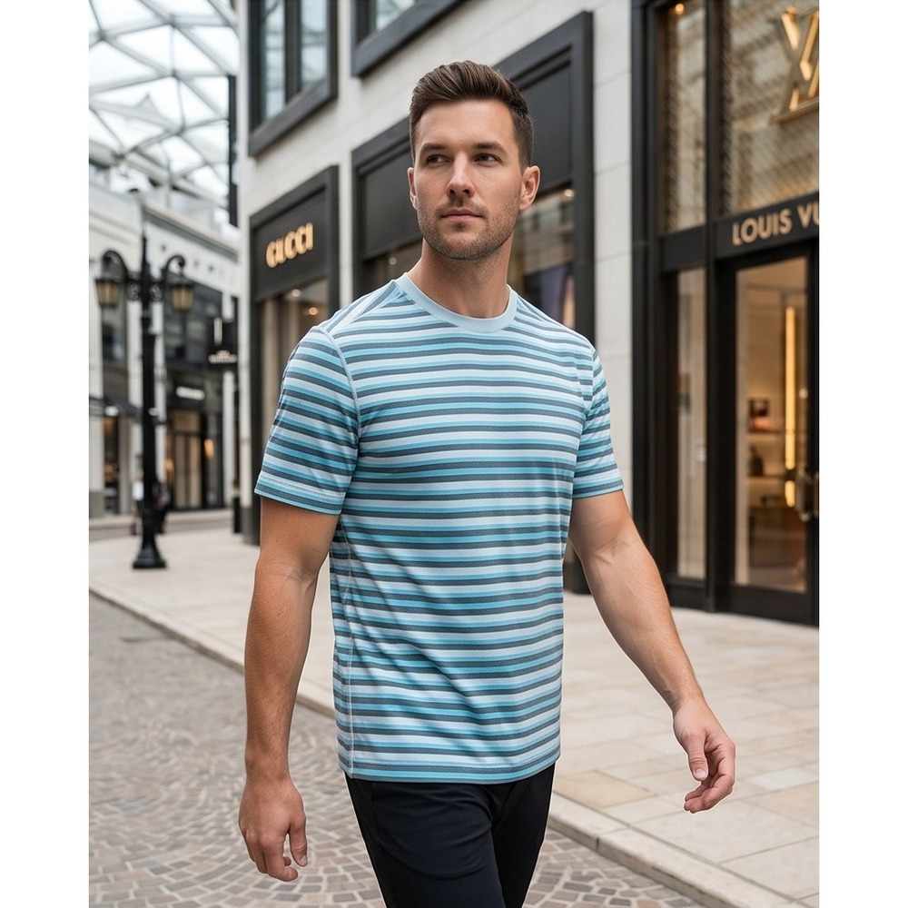 Lululemon Mens L Striped Short Sleeve Crew Neck Athletic Shirt Large Blue White